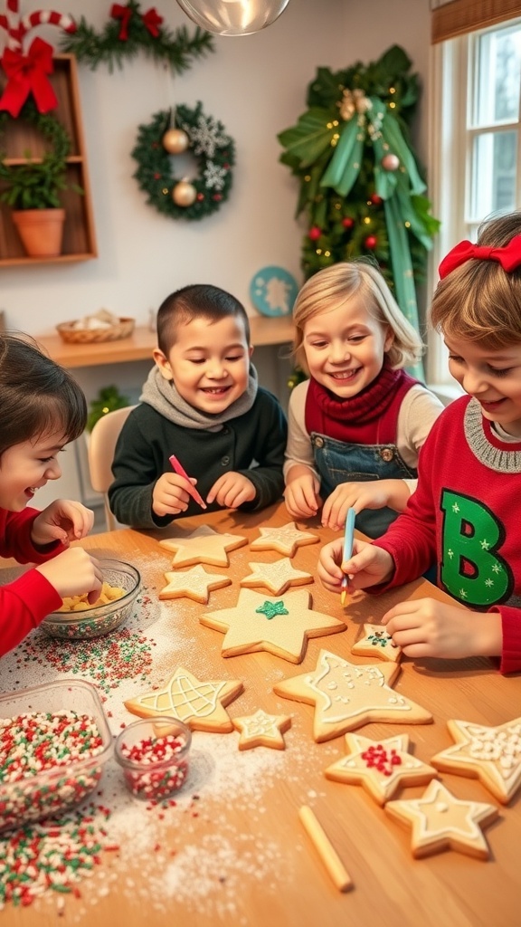 Children joyfully baking Christmas cookies with colorful decorations and baking kits in a festive kitchen.